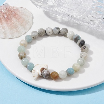 Natural Flower Amazonite & Synthetic Turquoise Dolphin Beaded Stretch Bracelets BJEW-JB09830-03-1