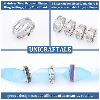 Unicraftale 16pcs 4 Size 201 Stainless Steel Grooved Finger Ring Settings STAS-UN0044-29-1