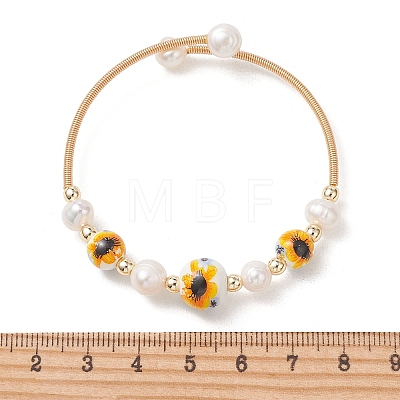 Handmade Porcelain & Natural Cultured Freshwater Pearl & Non-magnetic Synthetic Hematite Beaded Cuff Bangles for Women BJEW-JB14022-02-1