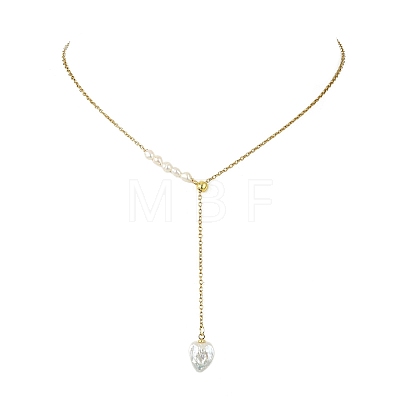 Adjustable Natural Baroque Keshi Pearl Heart Pendant 304 Stainless Steel Cable Chain Y Shaped Lariat Necklaces for Women NJEW-JN06095-1