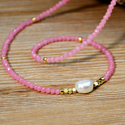 Sweet and Cool Summer Freshwater Pearl Necklaces Pink Glass Beaded Necklaces VX3518-1