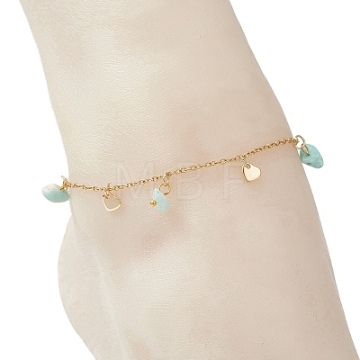 Mixed Gemstone Chip & 201 Stainless Steel Heart Tassel Anklets AJEW-AN00787-1