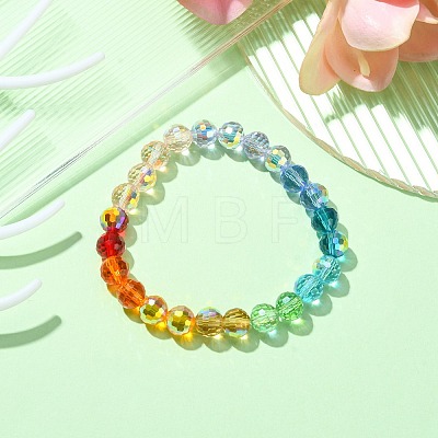 Rainbow Color Faceted Round Glass Stretch Bracelets for Women BJEW-JB09481-01-1