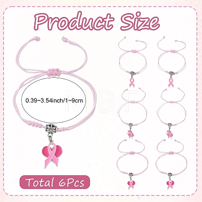 6Pcs 3 Styles Adjustable Alloy Enamel Pink Ribbon Charm Nylon Braided Bracelet Sets BJEW-YW00019-1