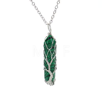 Synthetic Malachite Double Terminal Pointed Faceted Bullet Copper Wire Wrapped Tree of Life Pendant Alloy Chain Necklaces FS-WG07FDC-10-1
