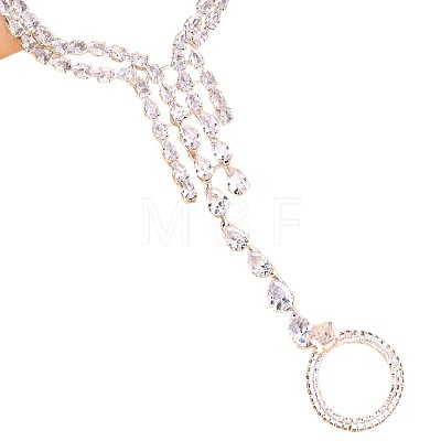 Brass Pave Cubic Zirconia Teardrop Hand Chain Finger Ring Bracelets for Women WGDC1F4-01-1