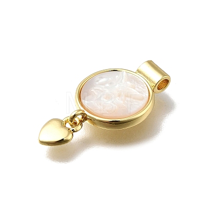 Brass Pave Natural White Shell Flat Round with Heart Pendants KK-C090-37G-08-1