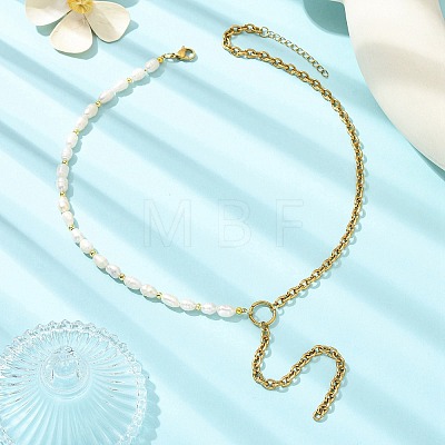 304 Stainless Steel Cable Chain Tassel Natural Pearl Rice Beaded Lariat Necklaces NJEW-JN06218-1