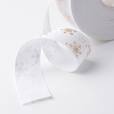 Golden Snowflake Pattern Printed Polyester Grosgrain Ribbon SRIB-K002-25mm-M01-1