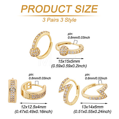  Jewelry 3 Pairs 3 Style Round & Lightning Bolt & Square Cubic Zirconia Huggie Hoop Earrings EJEW-PJ0001-03-1