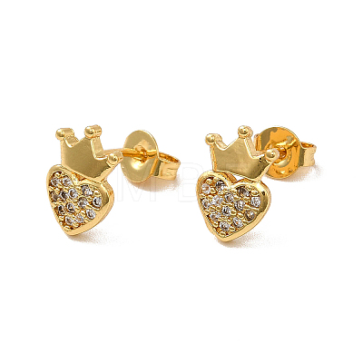 Rack Plating Brass Micro Pave Clear Cubic Zirconia Heart with Crown Ear Studs EJEW-F301-03-1