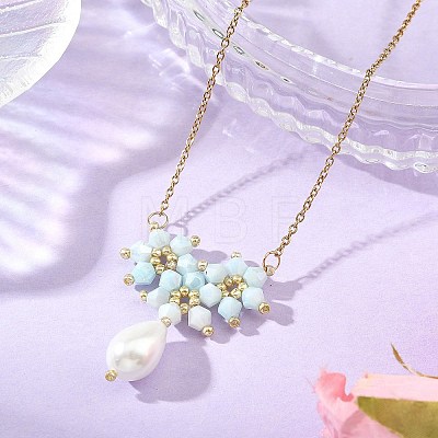 Electroplate Glass Beaded Flower Teardrop Pendant 304 Stainless Steel Cable Chain Necklaces NJEW-MZ00156-03-1