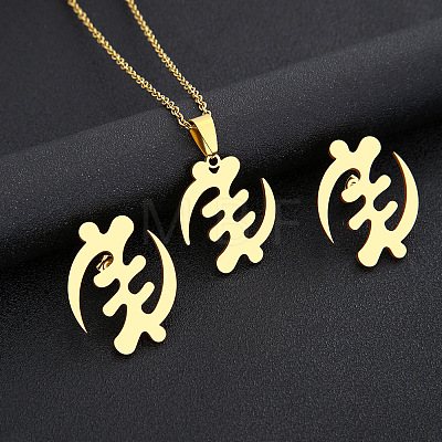 304 Stainless Steel Adinkra Africa Symbol Pendant Necklaces & Stud Earrings Sets FS-WG6B5B7-01-1