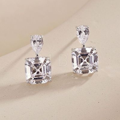 Rhodium Plated 925 Sterling Silver Micro Pave Cubic Zirconia Ear Studs for Women EJEW-P231-96P-1