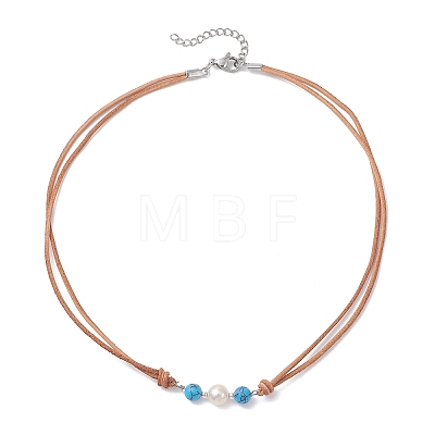 Synthetic Turquoise & Natural Pearl Round Beaded 2-Strand Cowhide Leather Cord Necklaces for Women NJEW-JN05828-1