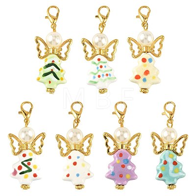 7Pcs 7 Colors Christmas Tree Handmade Porcelain & ABS Plastic Imitation Pearl Angel Pendant Decorations HJEW-FS00083-1