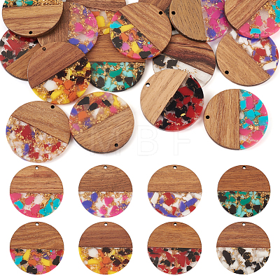 16Pcs 8 Colors Transparent Resin & Walnut Wood Pendants RESI-TA0002-10-1