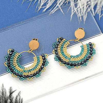 304 Stainless Steel & Bohemian Beaded Fan Dangle Stud Earrings for Women EJEW-R001-05G-01-1