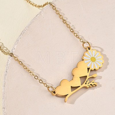 304 Stainless Steel Enamel White Daisy Flower and Heart Pendant Cable Chain Necklaces for Women NJEW-K309-01G-1