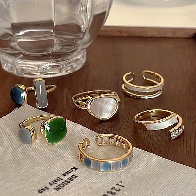 6Pcs Brass Enamel & Natural Shell Finger Rings Sets WG36BED-01-1