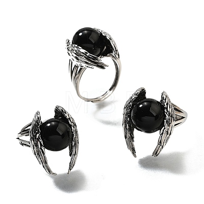 Natural Obsidian Wings Adjustable Rings RJEW-K241-04AS-09-1