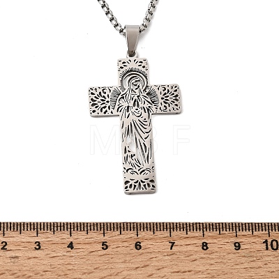 Religion 201 Stainless Steel Hollow Virgin Cross Pendant Necklaces for Men Women NJEW-Z118-01P-1