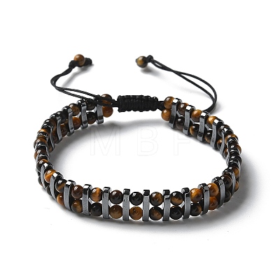 Natural Tiger Eye and Synthetic Hematite Adjustable Braided Bead Bracelets BJEW-H626-01-05-1