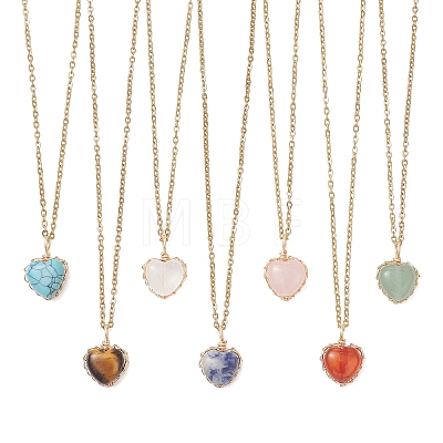 Natural & Synthetic Mixed Gemstone Copper Wire Wrapped Heart Pendant 304 Stainless Steel Cable Chain Necklaces NJEW-JN05779-1