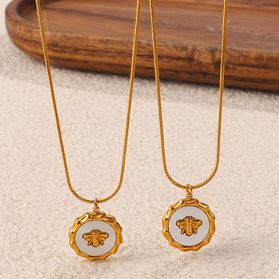 304 Stainless Steel with Natural White Shell Flat Round with Bee Pendant Necklaces for Women WG2F9FE-04-1