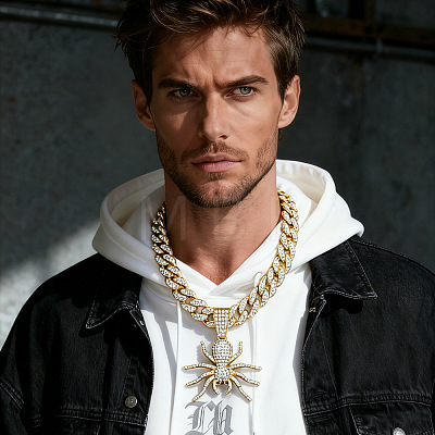 Alloy Full Crystal Rhinestone Halloween Spider Pendant Cuban Link Chain Necklaces for Men FS-WG4B1F3-01-1
