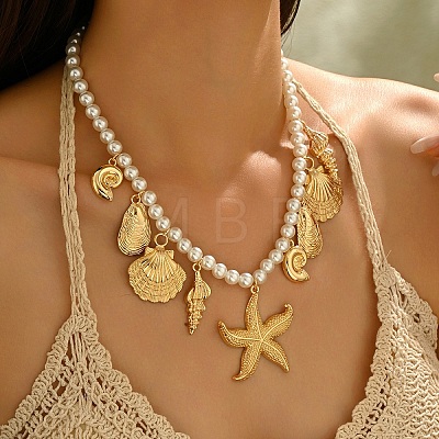 Bohemian Summer Beach Zinc Alloy Starfish Shell Shape Pendant White Round Imitation Pearl Beaded Bib Necklaces for Women WGA7543-04-1