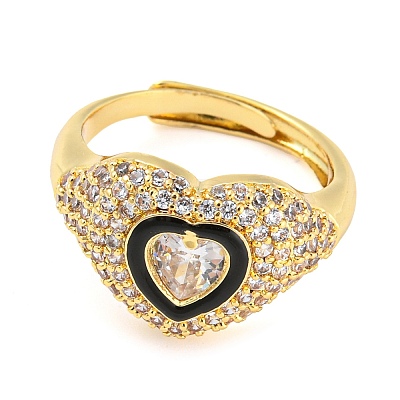 Enamel Heart Adjustable Ring with Clear Cubic Zirconia RJEW-Q781-01G-01-1