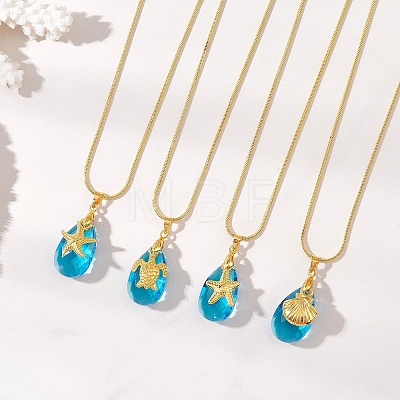 Ocean Alloy Sea Animal and Faceted Glass Teardrop Pendant Brass Round Snake Chain Necklaces for Women NJEW-JN05915-01-1