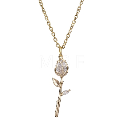 Rose Flower Brass Cubic Zirconia Pendant Necklaces NJEW-JN05055-02-1