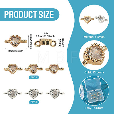 12Pcs 2 Colors Brass Pave Cubic Zirconia Heart Links Connector Charms KK-TA0003-48A-1