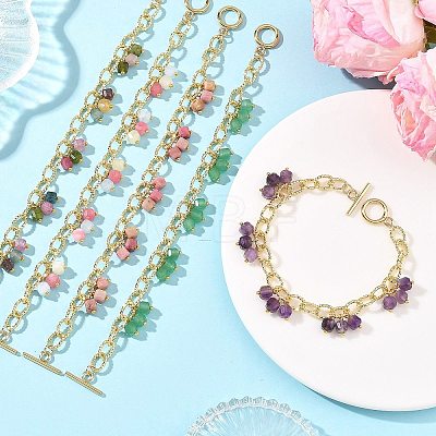 Natural Mixed Gemstone Faceted Cube Beads Tassel Brass Textured Cable Chain Bracelets for Women BJEW-JB14335-1