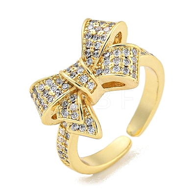 Brass Micro Pave Clear Cubic Zirconia Bowknot Open Cuff Ring for Women RJEW-M173-04B-G-1