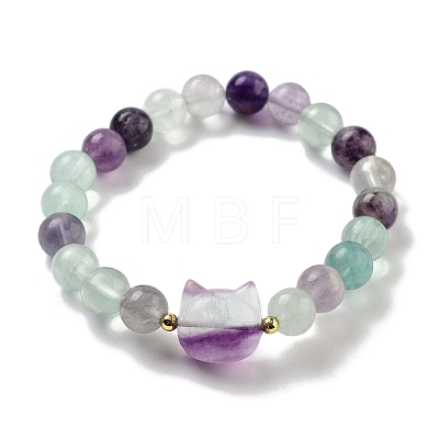 Round & Cat Head Natural Fluorite Beaded Stretch Bracelets for Women BJEW-K251-03E-1