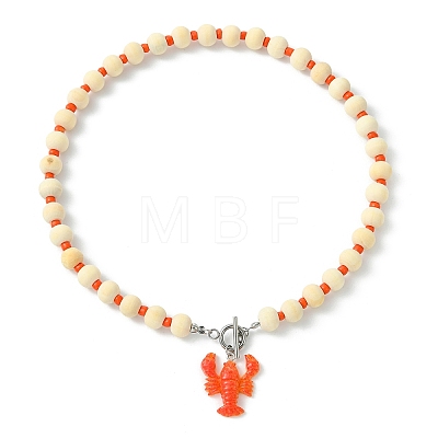 Summer Beach Resin Lobster Pendant Wood Beaded Necklaces with OT Clasps for Women NJEW-JN06109-1