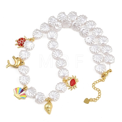 Ocean Brass Enamel Sea Animals Pendant ABS Imitation Pearl Shell Shaped Beaded Necklaces KK-CBA4547-01G-1