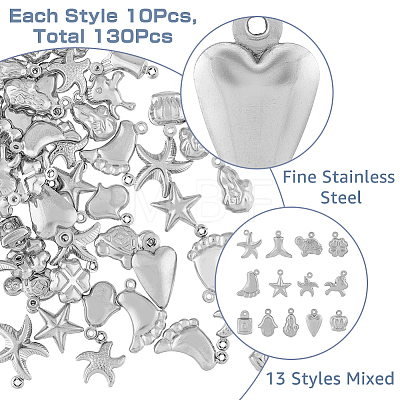 130Pcs 13 Styles 304 Stainless Steel Pendants Heart & Horse & Peanut STAS-FH0001-92-1