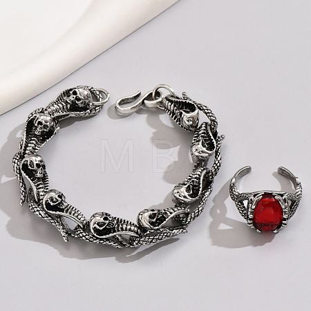 Gothic Stainless Steel Skull Snake Bracelet & Glass Cuff Ring Set WGDDFED-01-1
