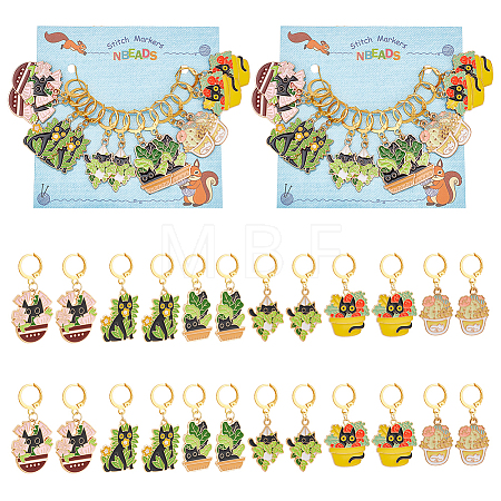 Potted Plant with Cat Alloy Enamel Pendant Stitch Markers HJEW-AB00313-1