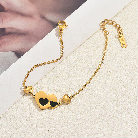 Stainless Steel Enamel Black Couple Heart Link Bracelets for Daily Casual and Work Wear YH0561-1