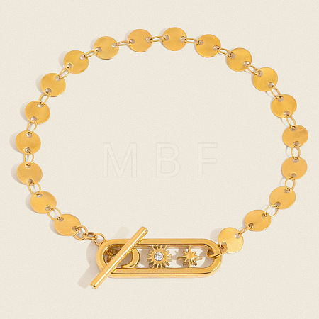 304 Stainless Steel Flat Sequin Chain Bracelets with Crystal Rhinestone with Moo Sun Star OT Clasps PL6562-1