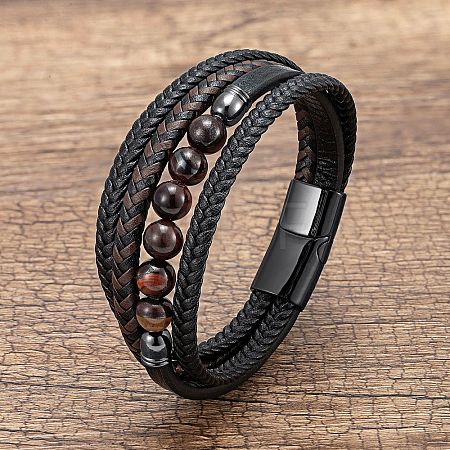Dyed & Heated Natural Tiger Eye Round Beads & Braided Imitation Leather Cord Bracelets for Men FS-WGCE7B3-19-1