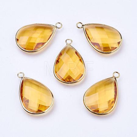 Golden Tone Brass Glass Teardrop Pendants GLAA-M006-A-20G-1