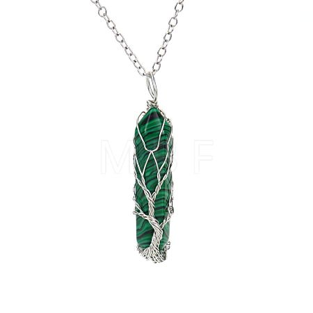 Synthetic Malachite Double Terminal Pointed Faceted Bullet Copper Wire Wrapped Tree of Life Pendant Alloy Chain Necklaces FS-WG07FDC-10-1