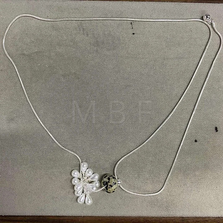 Natural Dalmatian Jasper Rondelle and Imitation Pearl Beaded Grape Pendant Brass Round Snake Chain Adjustable Slider Necklaces for Women WG5F9A4-02-1