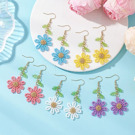 304 Stainless Steel Glass Seed Beads Flower Dangle Earrings EJEW-MZ00739-1